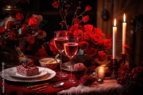 romantic candlelight Valentines day dinner date. Burning candles and roses. Valentine table setting.