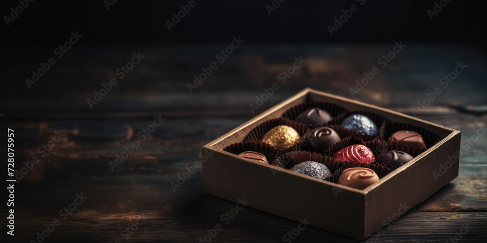 Box of assorted chocolates on rustic wooden background, copy space. Chocolate candies. Chocolate sweets Box of assorted chocolates on rustic wooden background, copy space. Chocolate candies. Chocolate sweets
