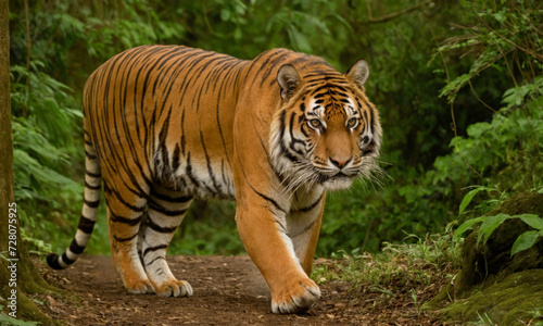 Majestic tiger roaming through the lush forest