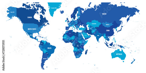 Map of World. Mercator projection. High detailed political map of countries and dependent territories. Simple flat vector illustration