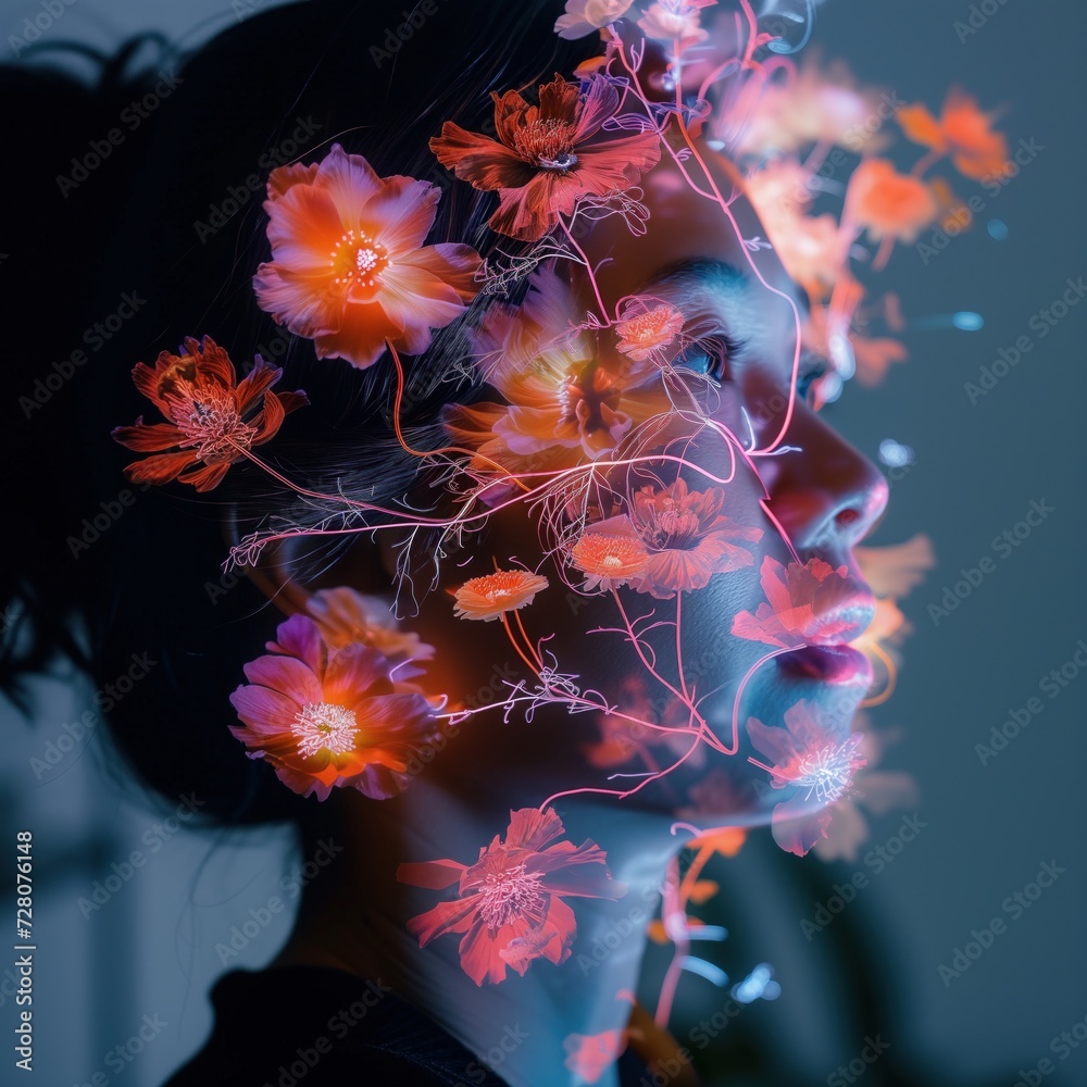 introspective gaze through a delicate veil of fiery flowers