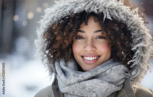 A woman with curly hair wearing a winter coat. Generative AI.