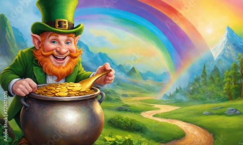 Leprechaun with a pot of gold under a rainbow. St.Patrick 's Day photo