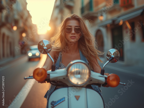 Woman driving scooter in Italy at sunset during summer