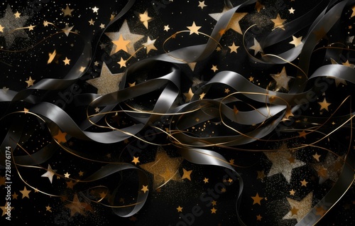 Black and gold stars on a black background. Generative AI.