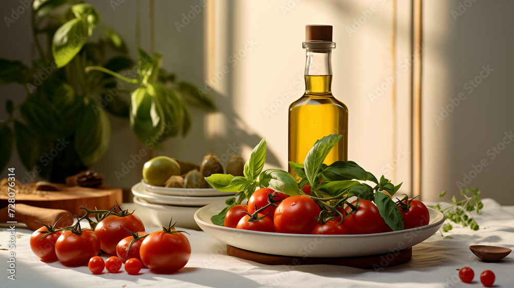 still life with olive oil and tomatoes on plate vessel glass bottle basil green leaves white tablecloth table plant background appetising delicious healthy food natural anti aging vitamins indoors