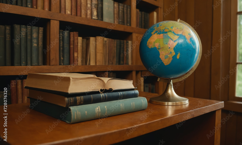 Globe on a table with a stack of books Globe on a table with a stack of books
