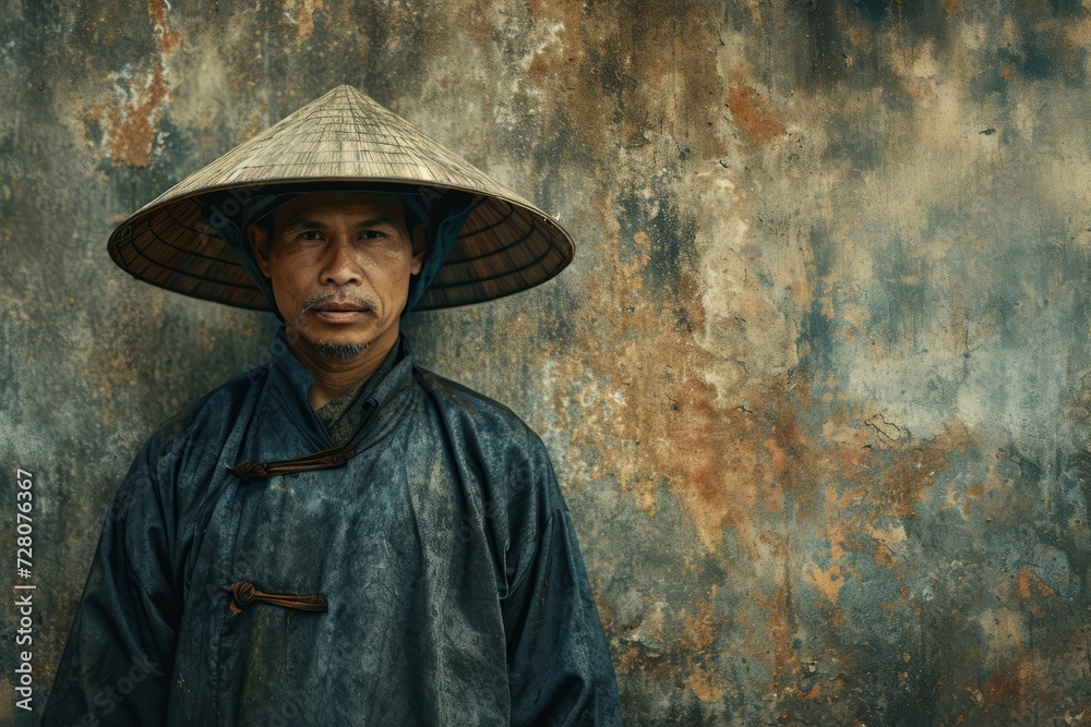 Vietnamese man in national clothes of Vietnam detailed photography texture. Vietnam man portrait. Horizontal format