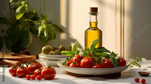 still life with olive oil and tomatoes on plate vessel glass bottle basil green leaves white tablecloth table plant background appetising delicious healthy food natural anti aging vitamins indoors