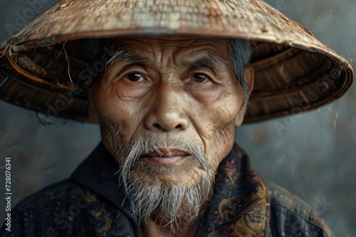 Portrait of Vietnamese man in national clothes of Vietnam detailed photography texture. Vietnam man. Horizontal format