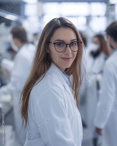 Beautiful young woman scientist wearing white coat and glasses in modern Medical Science Laboratory with Team of Specialists on background