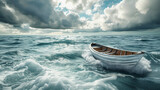 small boat leaving a calm harbor to turbulent open seas, symbolizing the journey from comfort to challenge, with dynamic water textures and stormy sky