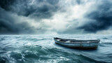 small boat leaving a calm harbor to turbulent open seas, symbolizing the journey from comfort to challenge, with dynamic water textures and stormy sky