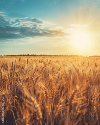 photo of a vast wheat field on a warm afternoon with sun shining in the right side of the frame  flares in camera lens  cinematic lighting  photorealistic  landscape photography