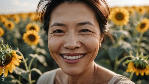 Middle-aged Asian woman with a joyful smile standing in a sunflower field