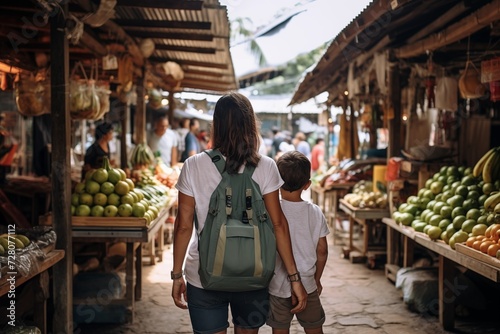 mother and son tourist walking in street asian food market