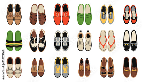 Male shoes top view. Fashionable footwear of different types for men. Sneakers, slippers, boots and flip flops. Stylish accessories above. Cartoon flat isolated illustration, tidy vector set