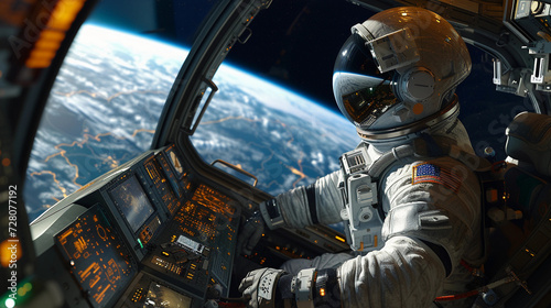astronaut in a spacecraft, overlooking Earth from space, detailed space suit and spacecraft interior, Earth\'s curvature visible through the window, focus on the astronaut\'s awe and expertise, ambient
