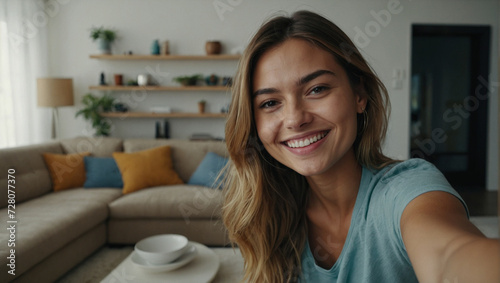 Selfie picture of a happy young pretty millennial woman smiling at the camera in the living room in a modern home
 photo