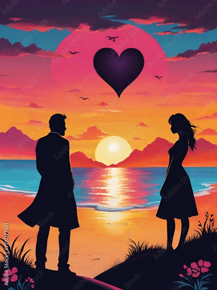 Al Tramonto dell'Amore: Silhouette Romantica Sotto il Cielo Infuocato