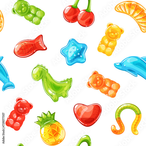 Gummy kids vitamins seamless pattern. Colorful repeated jelly candies, animals and fruit shapes, marmalade sugar sweets, packaging decor, wrapping paper for candies vector isolated background