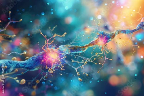 A vibrant and colorful illustration of neurotransmitters firing in the brain, representing chemical processes photo