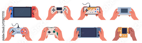 Game joystick in hands. Human arms hold retro videogame controllers, player presses buttons, modern wireless gamepads, electronic digital devices, cartoon flat style nowaday vector set