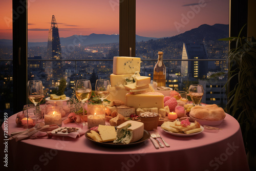 
dinner, dreamy, romanticized cityscape style, cheese, Swiss style, extravagant table setting, mountain scenery photo