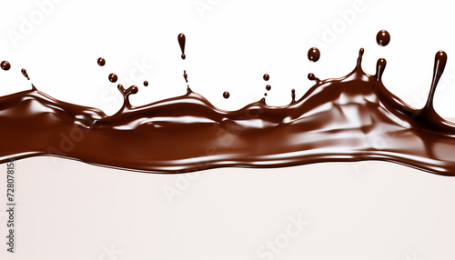 Chocolate in motion. Liquid chocolate. Flowing chocolate fountain. Dripping down. White background. Graphic element isolated. Delicious dessert. Covered with chocolate. Hot chocolate. 
