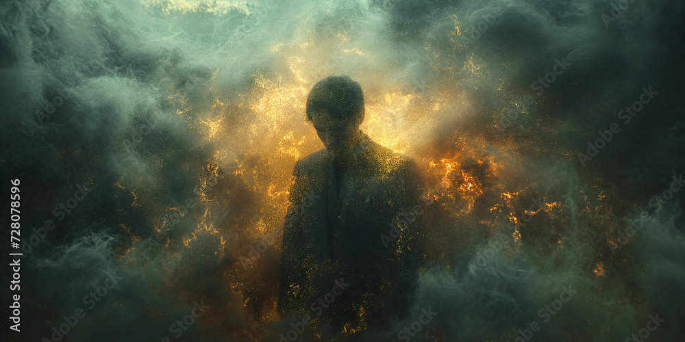 Mann im Tunnel mit Gewitterwolken düster mit Nebel, ai generativ - obrazy, fototapety, plakaty 