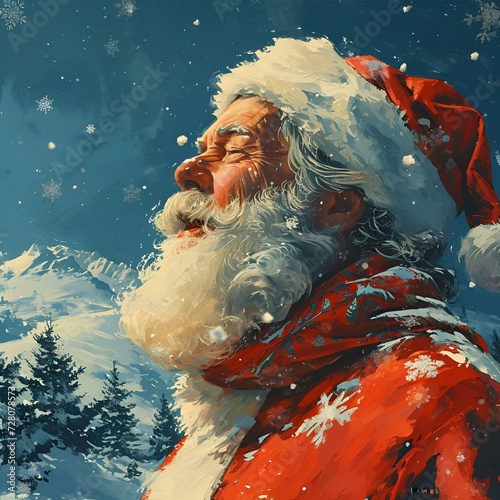 AI generated illustration ofa Santa Claus standing near snowy pine trees
