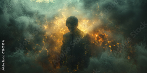 Mann im Tunnel mit Gewitterwolken düster mit Nebel, ai generativ photo