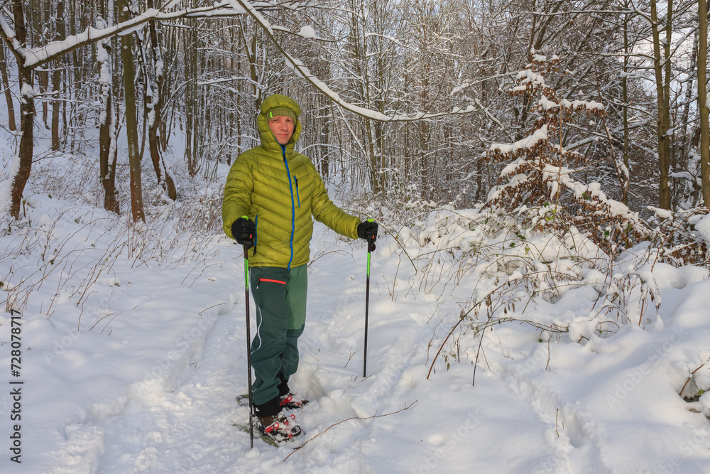 Man in forest in winter with trekking poles and snowshoes, sunny morning after snow falling.