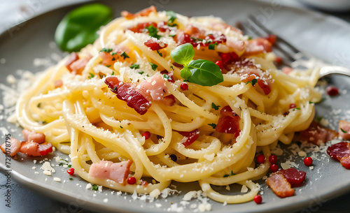 Close-up of spaghetti carbonara garnished with herbs.