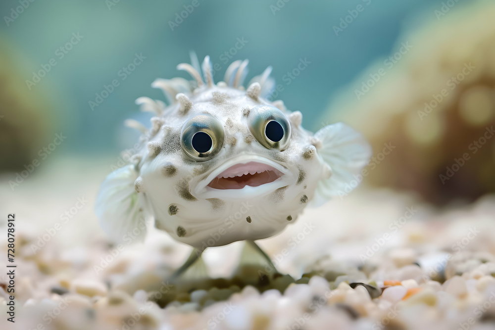 Cute pufferfish resting on the seabed with a funny expression. Cute pufferfish resting on the seabed with a funny expression.