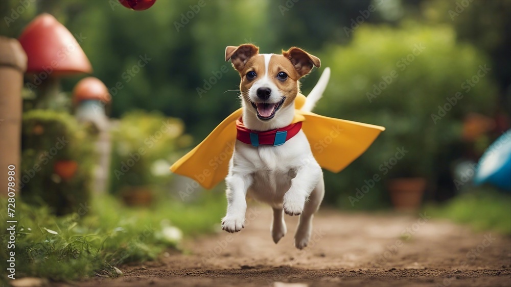 jack russell terrier running A comical Jack Russell puppy dressed as a tiny superhero, flying through a backyard with a cape, jack russell terrier running A comical Jack Russell puppy dressed as a tiny superhero, flying through a backyard with a cape,