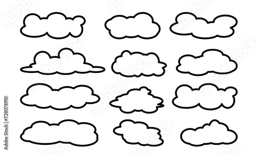 Set of cloud outline signs of different shapes in outline silhouette