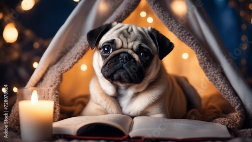pug puppy with christmas gift A downcast pug puppy gazing out from a whimsical tent made of blankets and fairy lights,   photo