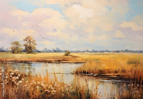 Oil art painting of country field in vintage