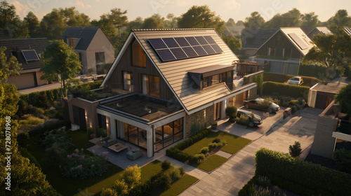 Generate a detailed and realistic image of a modern suburban house, highlighting its eco-friendly features with a state-of-the-art photovoltaic system on the gable roof, a well-maintained landscaped y
