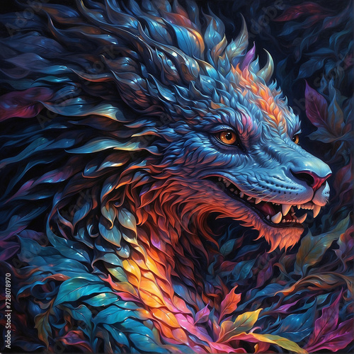 In a mesmerizing oil painting, an otherworldly neon-lit chimera emerges from the depths of time. The main subject, a fantastical creature composed of various fused species, exudes an ethereal glow aga