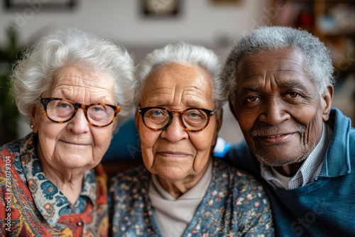 Three Diversity Old People Looking to the Camera. Intergenerational Old Friends Together Indoors. Diversity Concept..