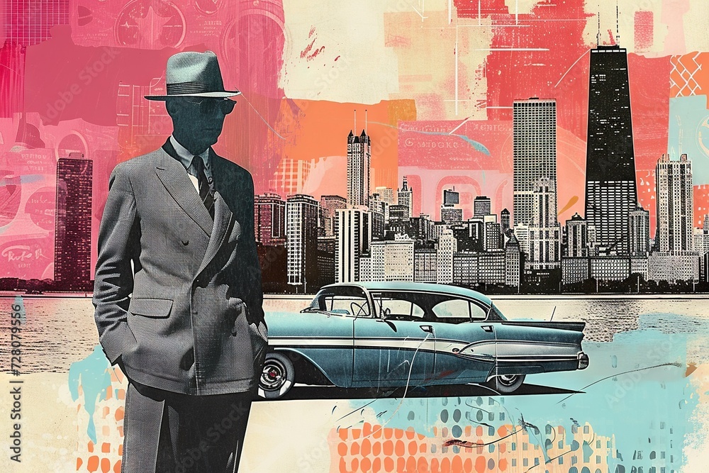Φωτογραφία Italian mafia gangster near retro car on background of American city
