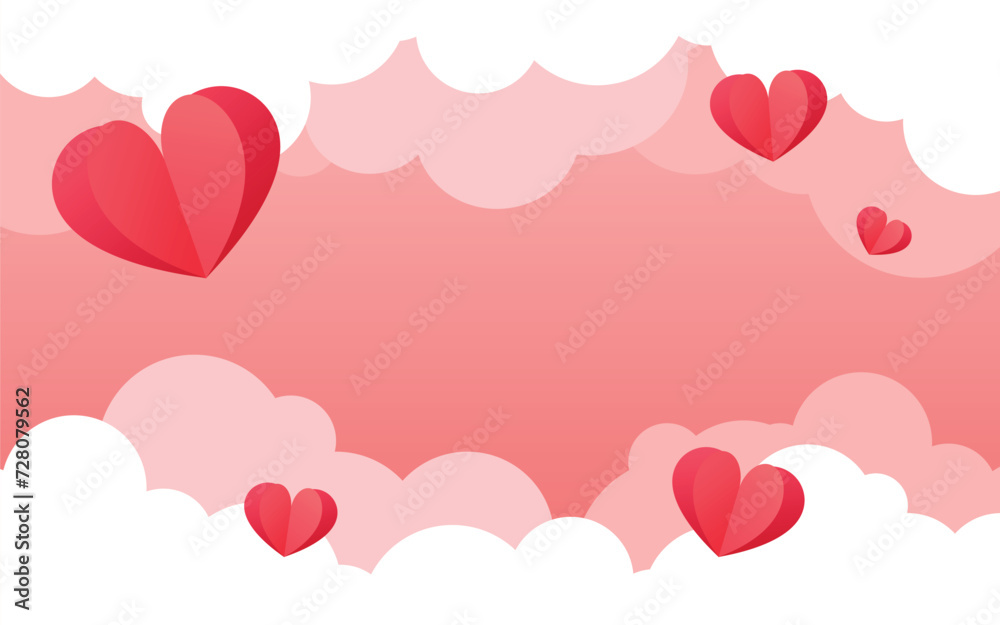 Pink Valentine's Day white soft clouds and red hearts background for card