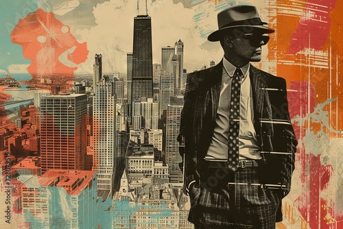 Retro Italian mafia gangster on background of American city. Contemporary art collage. Generative AI