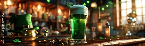 Glass of foamy green beer and leprechauns hat on bar counter. Pub interior. St. Patrick's Day party. Generative AI