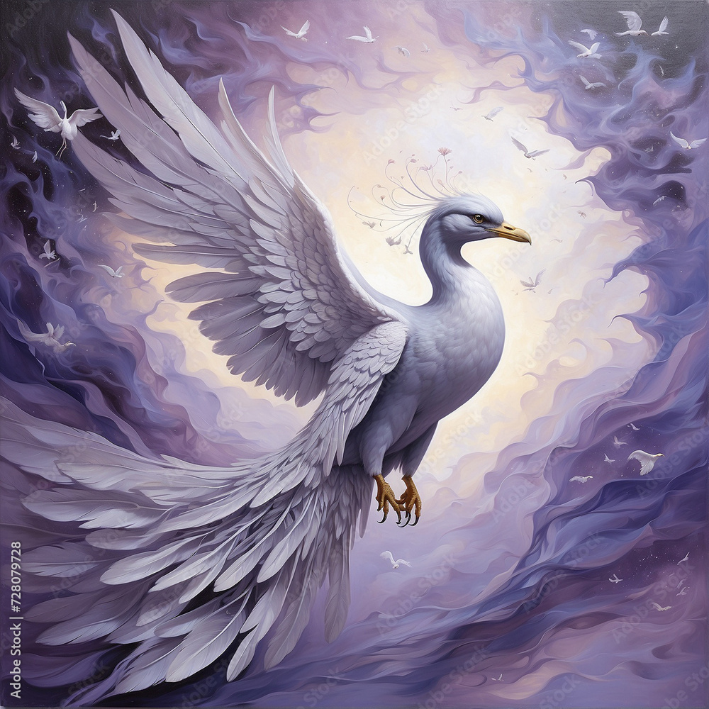 Obraz premium In the ethereal depths of a mauve-tinted celestial realm, a majestic familiar emerges, radiating elegance and enchantment. This awe-inspiring acrylic painting captures the essence of a mystical compan