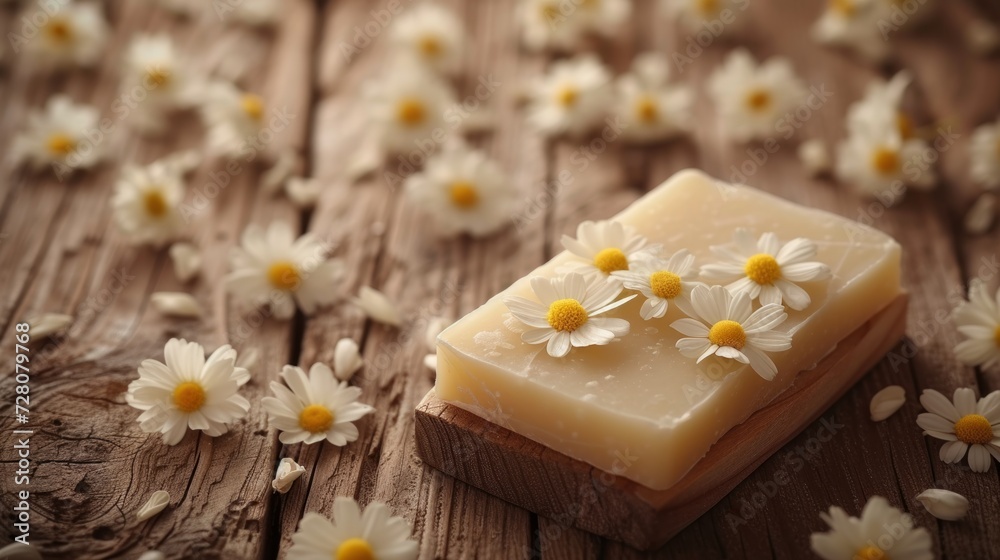 Illustration of featuring handmade natural soap showcased on a wooden background.
