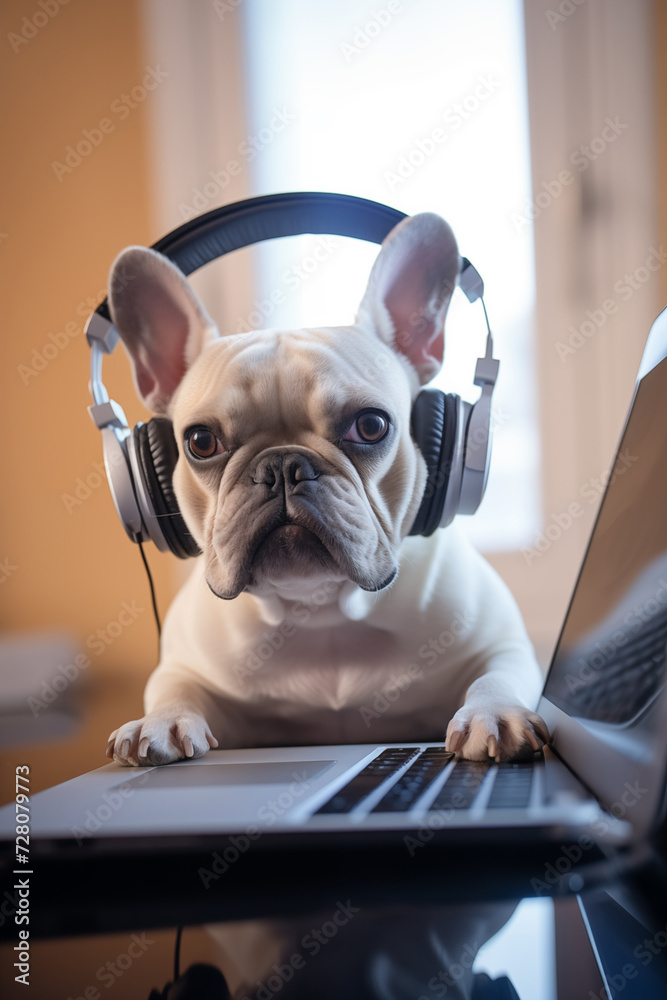 Tech-Savvy Dog: A French Bulldog with Headphones