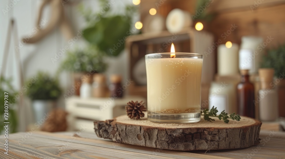 Handmade natural candles showcased on a wooden background. Simplicity and charm of the candles, organic background. Handmade natural candles showcased on a wooden background. Simplicity and charm of the candles, organic background.